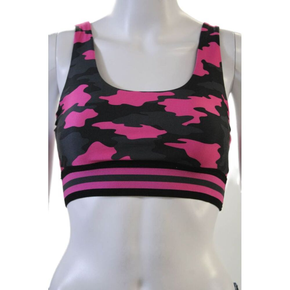 Kyodan Womens Striped Trim Camouflage Scoop Neck Sports Bra Gray Pink Size Small